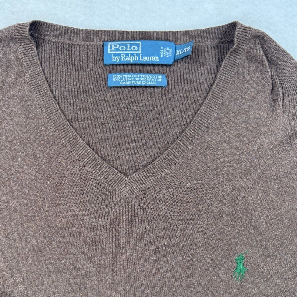 Polo Ralph Lauren Brown 100%‎ Pima Cotton V-Neck Sweater Mens XL Green Pony Logo